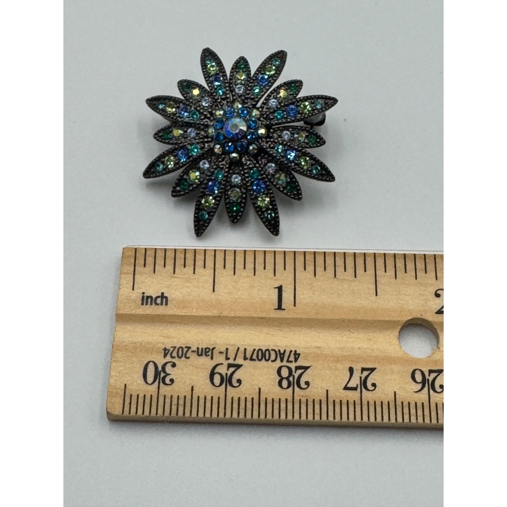 Joan Rivers Swarovski Crystal Flower Brooch Gunmetal Blue Green Sunburst Pin